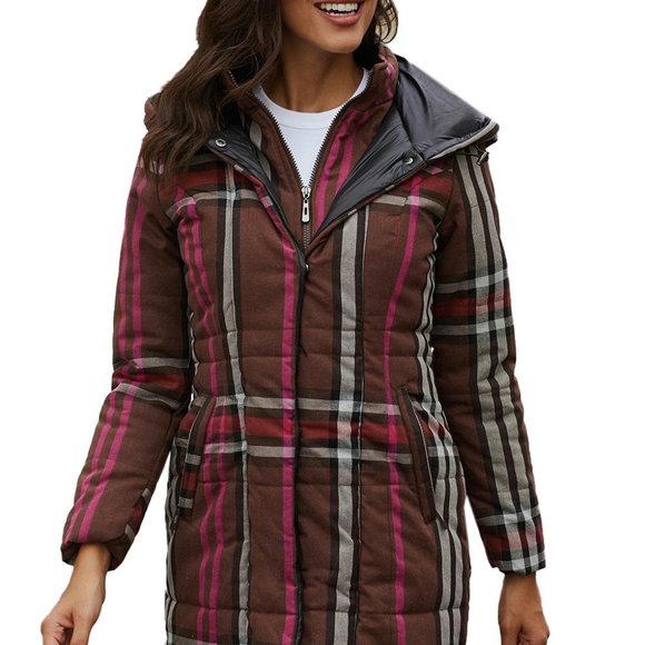 Brown Vintage Plaid Cotton Quilted Trench Coat - Picture 3 of 7